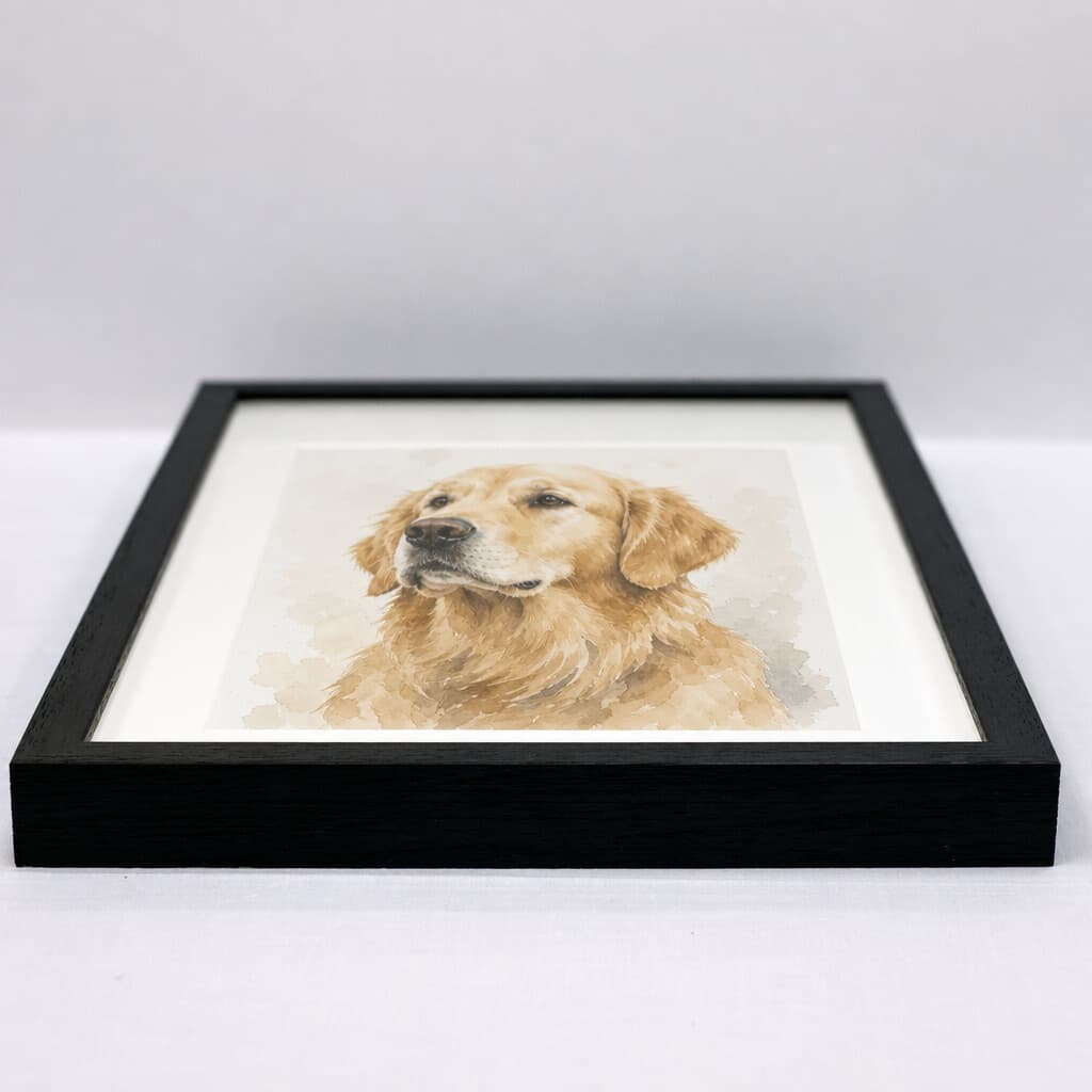 Pet portrait in a black box frame photographed end-on, showing the matte depth and frame profile.