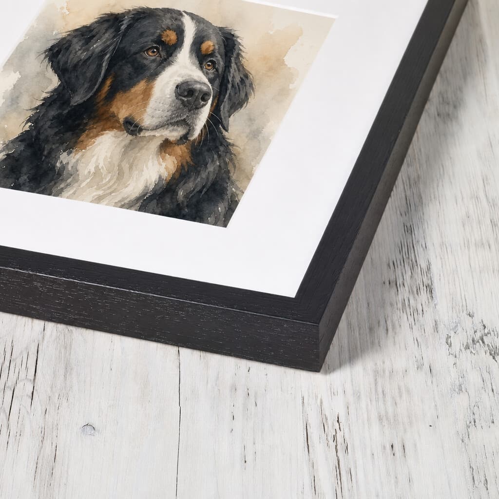 A pet portrait framed in a black wooden box frame with a wide cream matte, near-corner view.