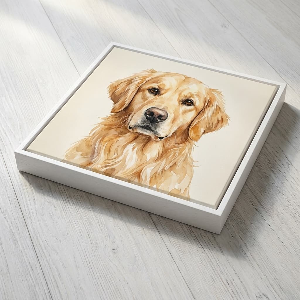 A framed canvas, white wood float frame, three-quarter angle.
