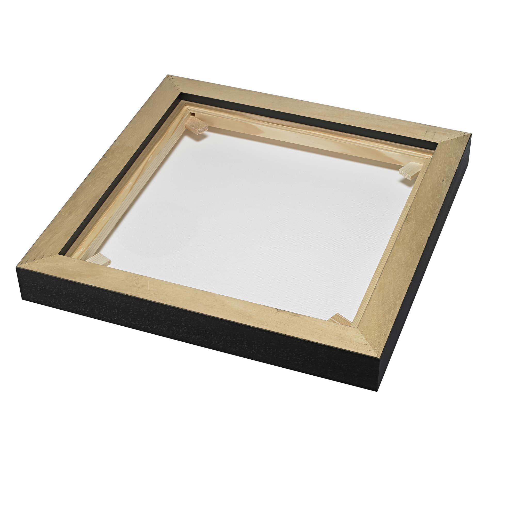 Back view of a framed canvas — wood stretcher bar visible inside the float frame.