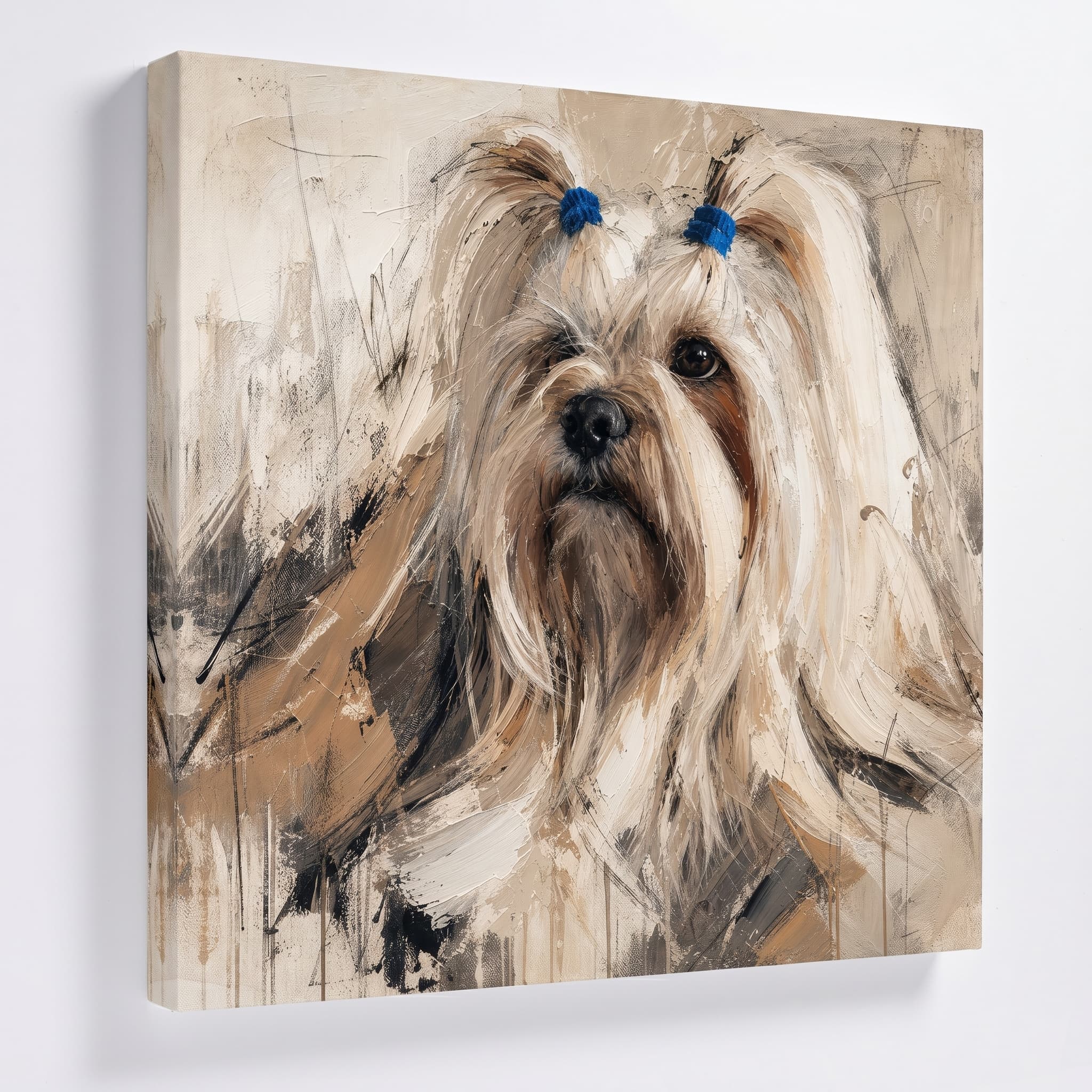 A frameless stretched canvas pet portrait on a wall, three-quarter view.