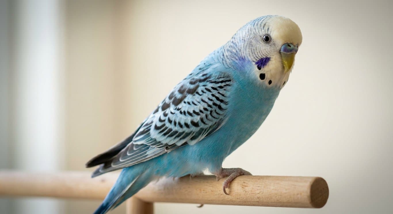 Phone snapshot of a sky-blue budgerigar perched on a wooden dowel.