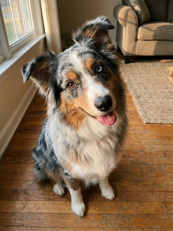Phone snapshot of a blue merle Australian Shepherd sitting on a hardwood living-room floor in window light.