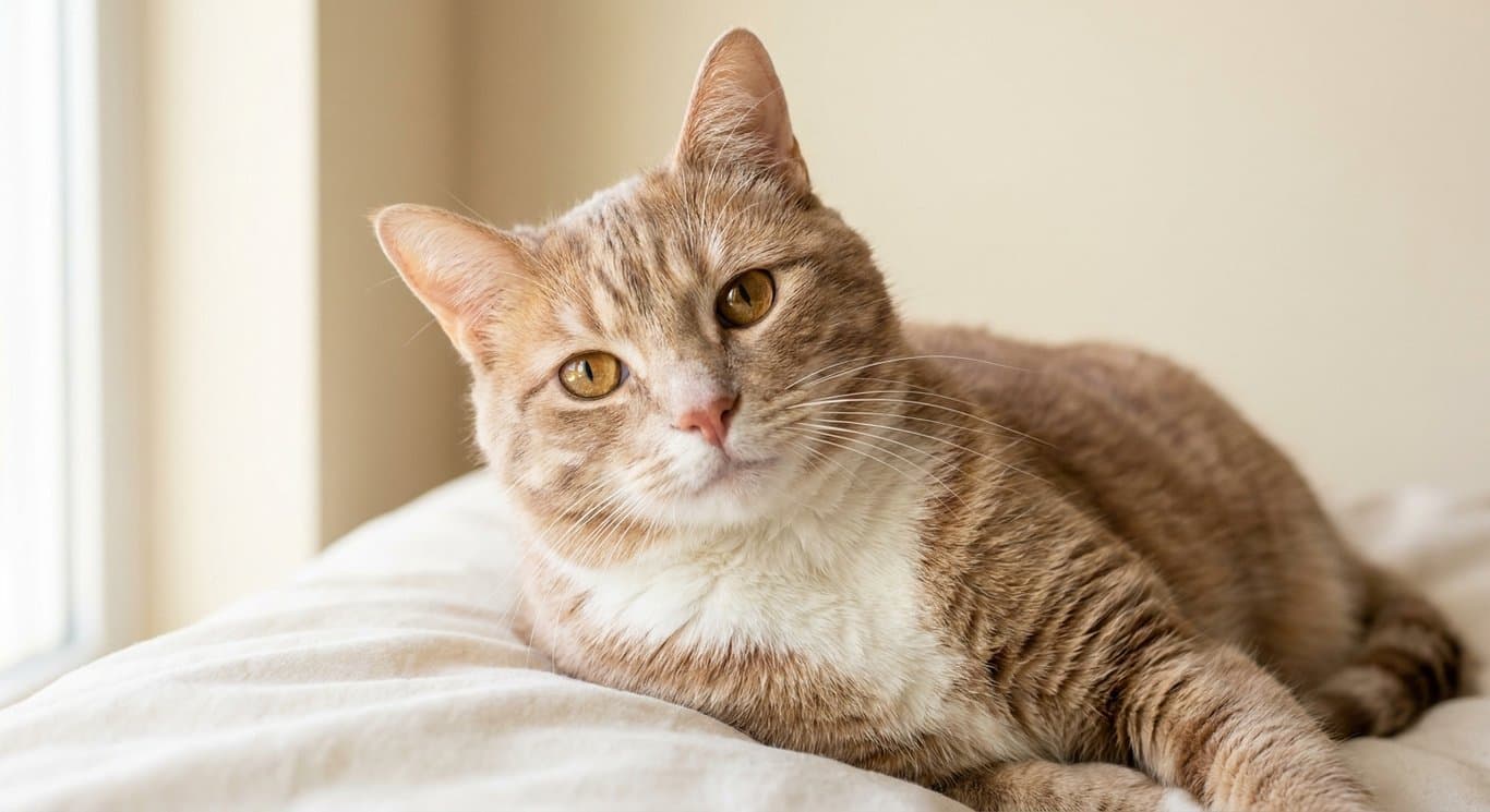 Phone snapshot of an orange tabby cat resting in soft daylight.