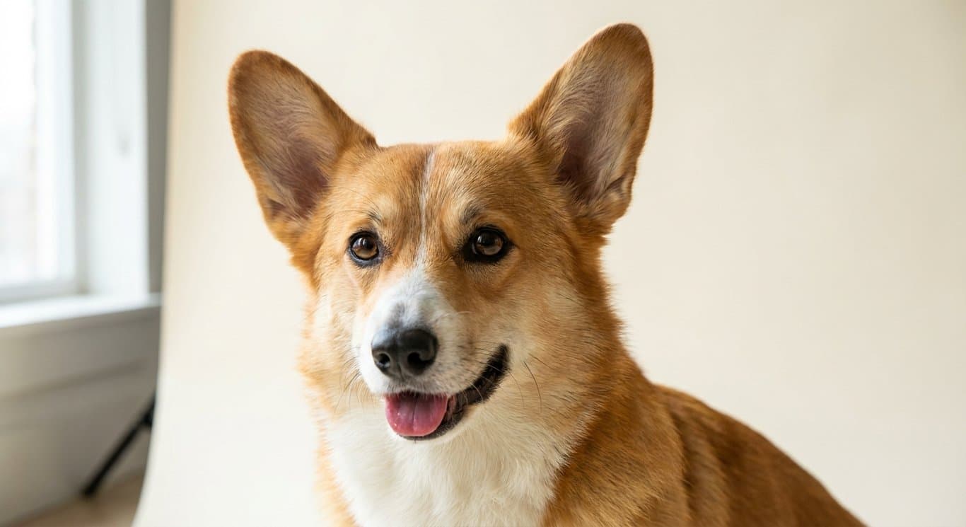 Phone snapshot of a Pembroke Welsh Corgi sitting in soft window light.