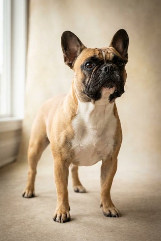 Phone snapshot of a fawn French bulldog standing alert on a tile floor.
