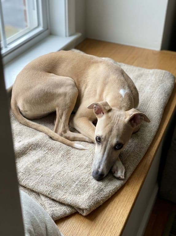 Phone snapshot of a whippet curled on a linen sofa.