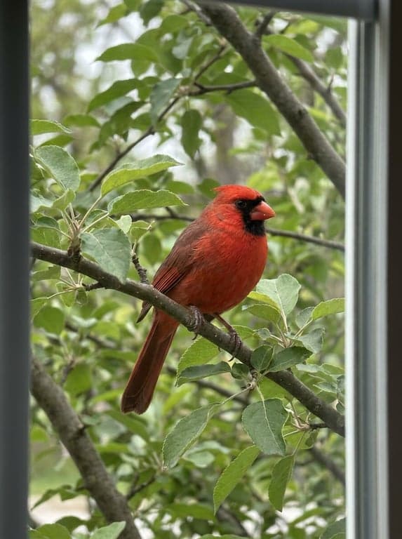 Phone snapshot of a Northern Cardinal perched on a leafy branch.