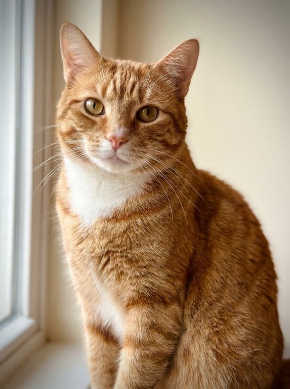 Phone snapshot of a ginger orange tabby cat sitting in soft window light.