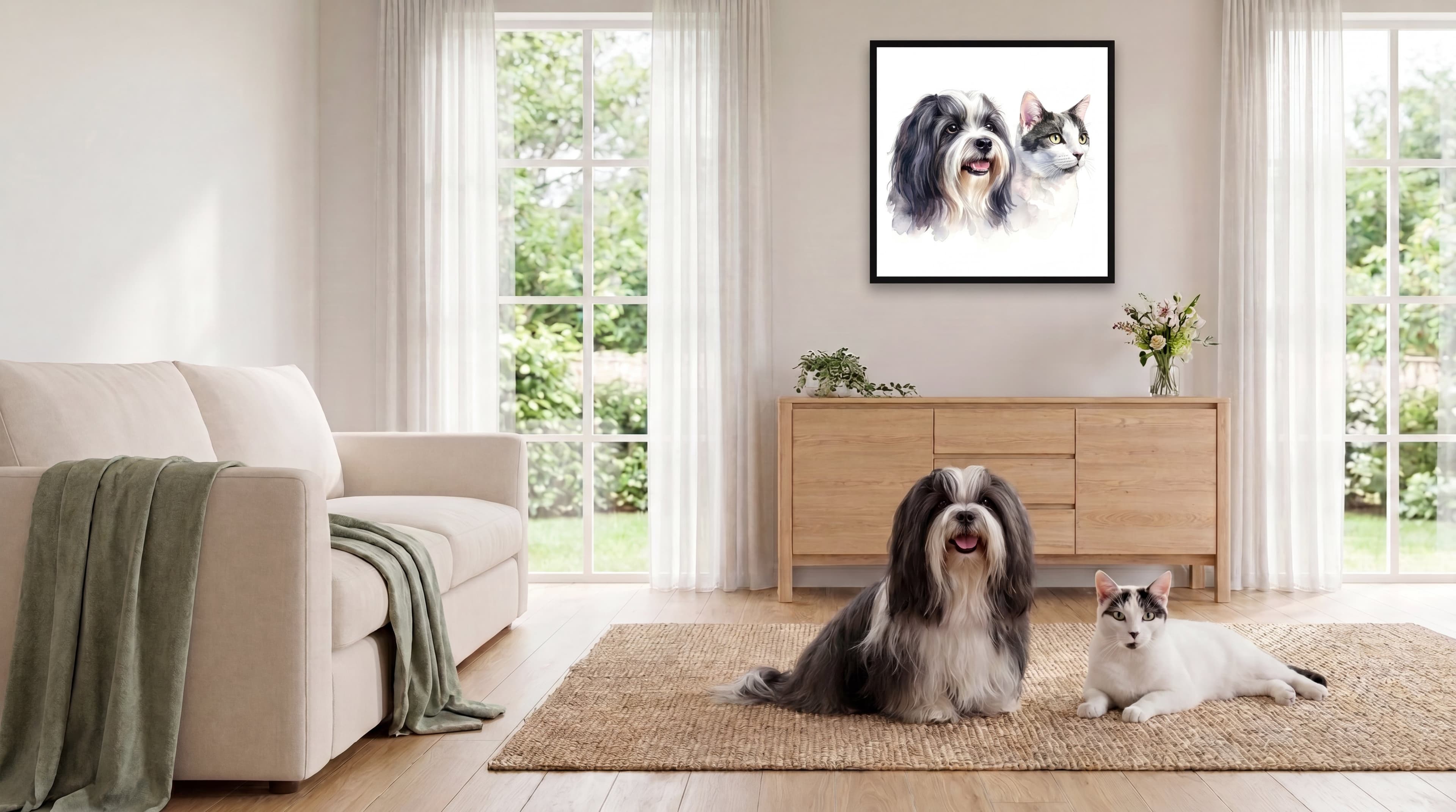 A dog and a cat in a bright, sunlit living room, their framed watercolor portrait hanging on the wall above a wooden credenza.