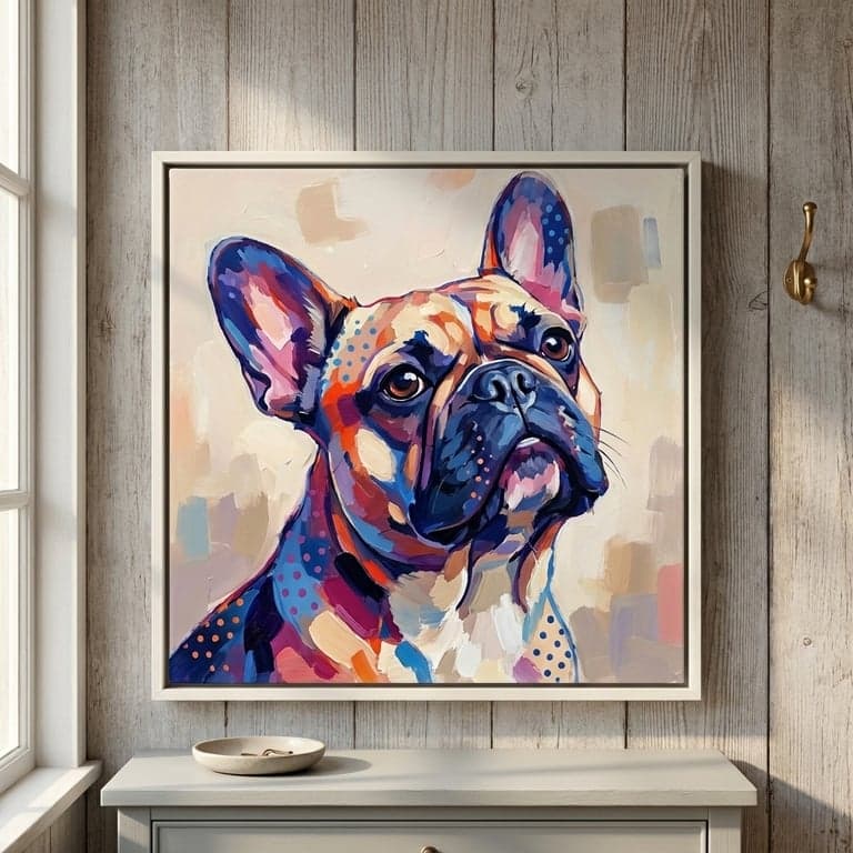 Pop-art portrait of a French bulldog, ivory frame on a weathered wood wall.