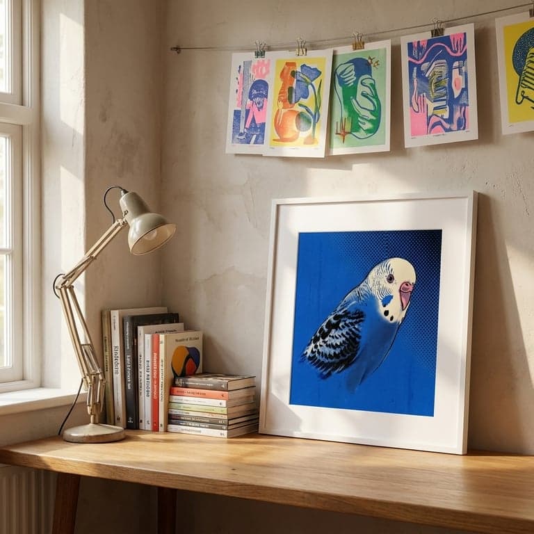 Risograph portrait of a budgerigar in a soft white frame, hung in a small-press design studio with neutral plaster walls and a vintage Anglepoise lamp.