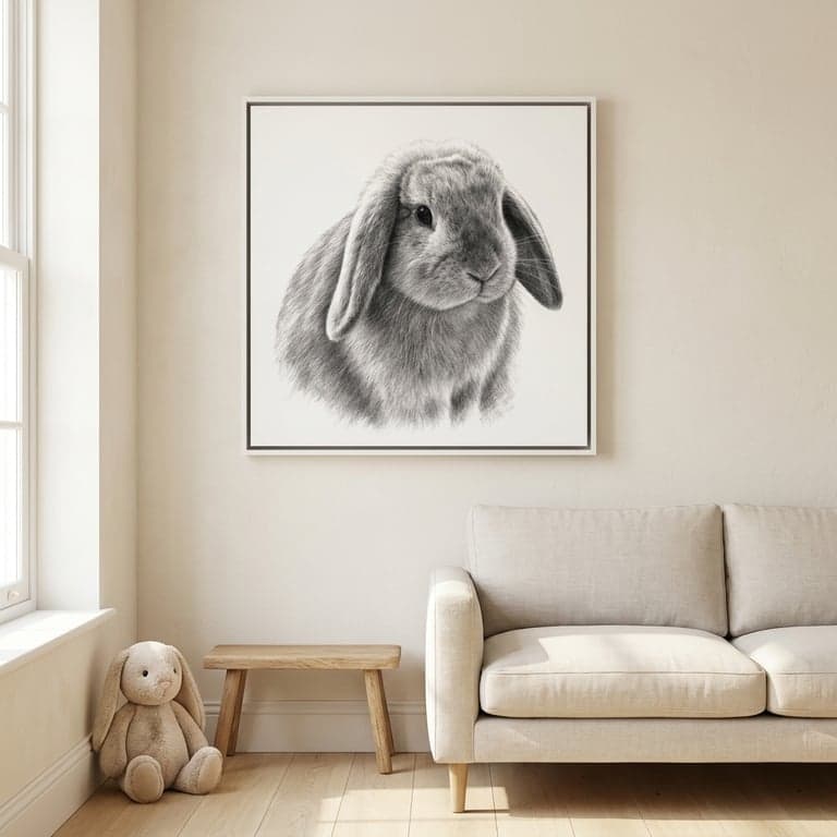 Charcoal portrait of a Holland Lop rabbit, white frame in a bright nursery corner.