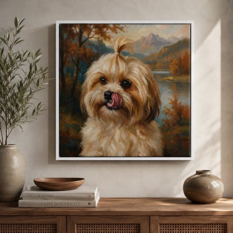 Landscape-style oil portrait of a fluffy tan Lhasa Apso in a Romantic lakeside autumn scene, soft-white canvas float frame above a wood credenza.