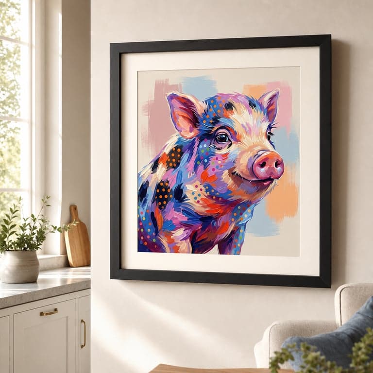 Pop-art portrait of a Juliana mini pig, matte black frame in a bright cheerful kitchen.