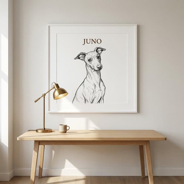 Refined ink line-drawing portrait of an Italian Greyhound, "Juno" lettered above on clean white, ivory frame in a modern minimalist home office.