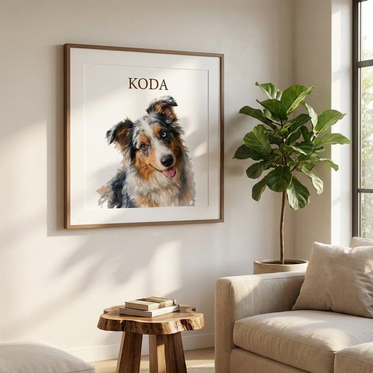 Named-portrait painting of a blue merle Australian Shepherd, “Koda” lettered above on a soft white ground.