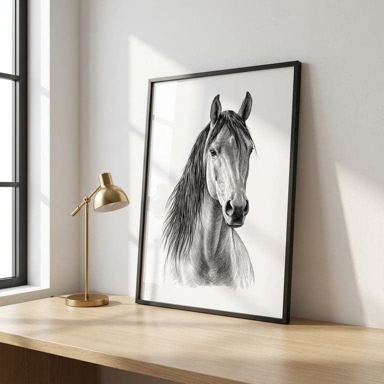Continuous-line drawing of an Arabian horse, matte black frame in a modern minimalist office.
