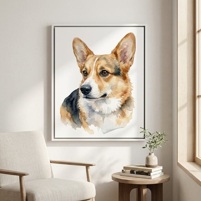 Watercolor portrait of a Cavalier King Charles Spaniel, soft pigment washes on clean white, ivory frame.
