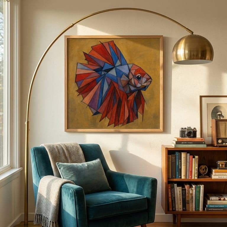 Cubist portrait of a Betta fish in fractured planes of colour, natural oak frame in an eclectic mid-century study.