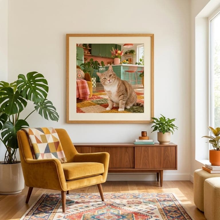 Retro-modern photograph of an orange tabby in a richly-styled mid-century-modern kitchen-living room, honey oak frame hung above a walnut credenza beside a mustard velvet lounge chair.