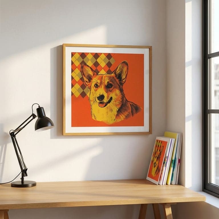 Risograph portrait of a Pembroke Welsh Corgi in a honey oak frame, leaning on a print-shop studio wall with a desk lamp and stacked art prints.