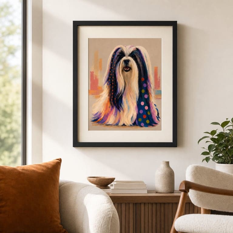Pop-art portrait of a black-and-white long-haired dog, ivory frame on a weathered wood wall.