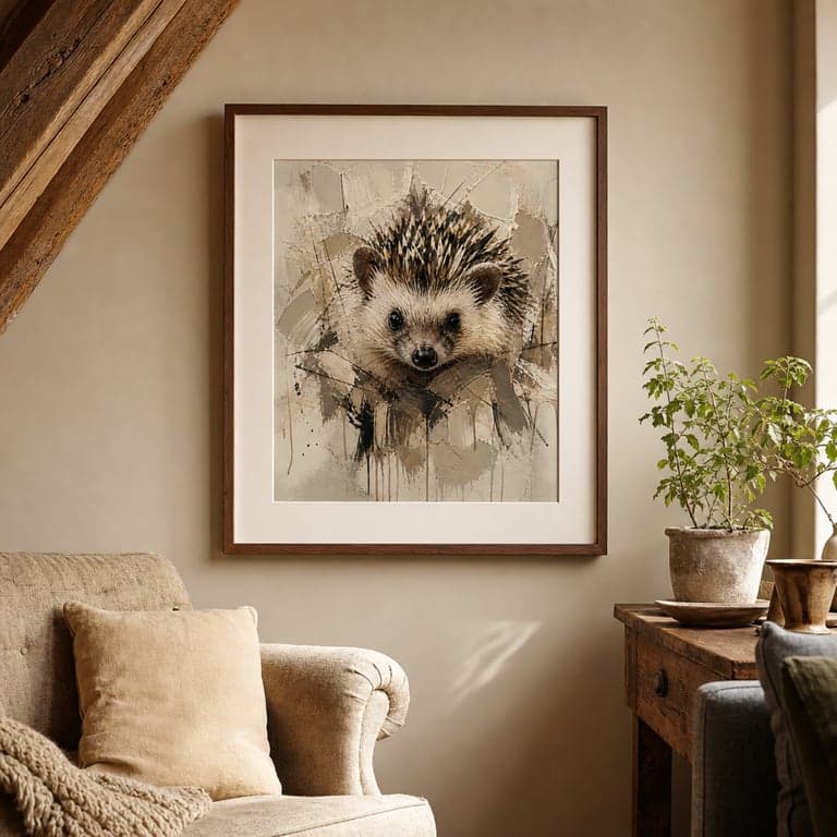 Mixed-media impasto portrait of a hedgehog, walnut frame in a cozy attic studio.