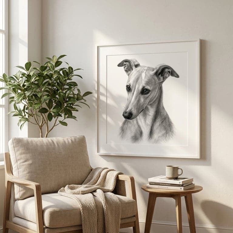 Charcoal drawing of a whippet on cotton paper, name hand-lettered above, ivory frame.