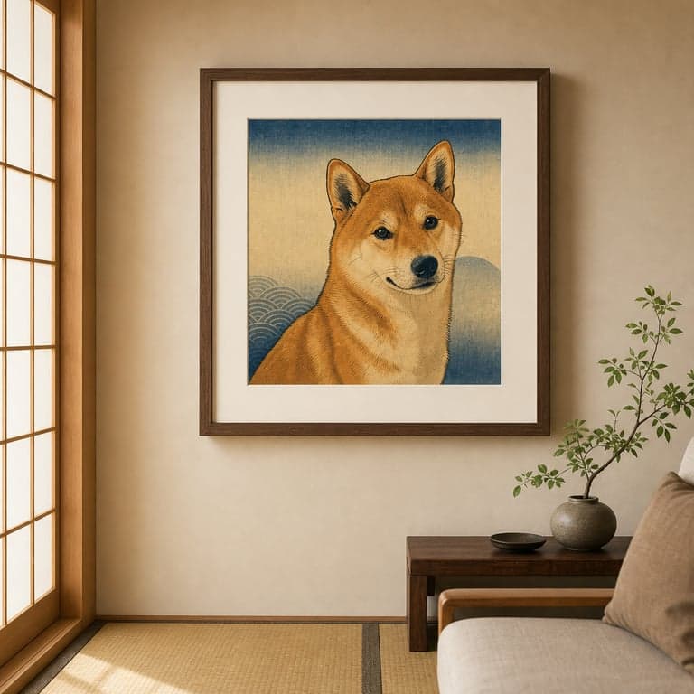 Ukiyo-e woodblock portrait of a Shiba Inu with sumi-black outlines and Edo-period colour, ivory frame.