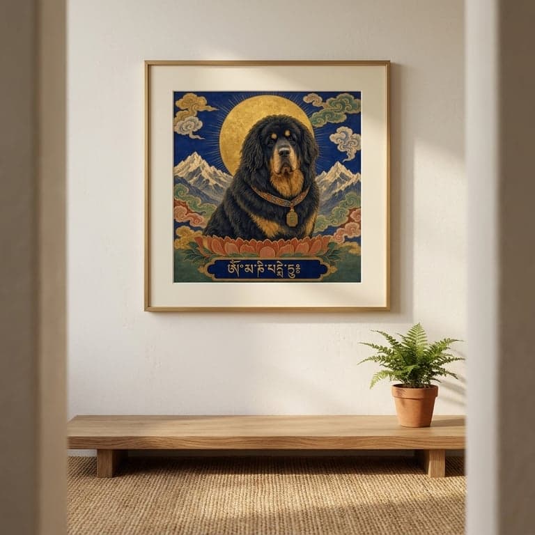 Thangka-style portrait of a Tibetan Mastiff, mineral pigments and gold-leaf halo, gilt frame.