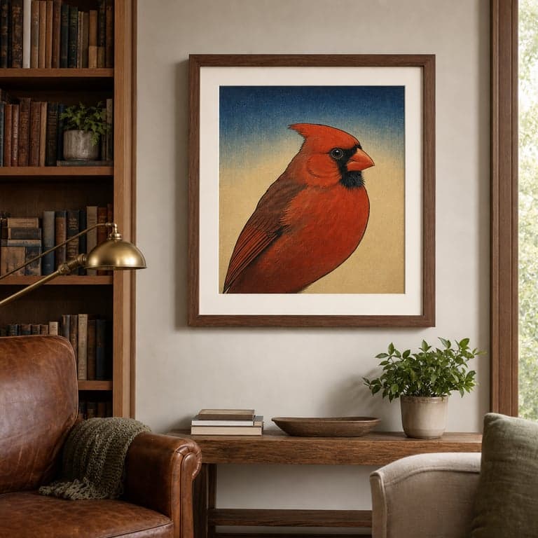 Ukiyo-e woodblock portrait of a cardinal, walnut frame in a book-lined library nook.