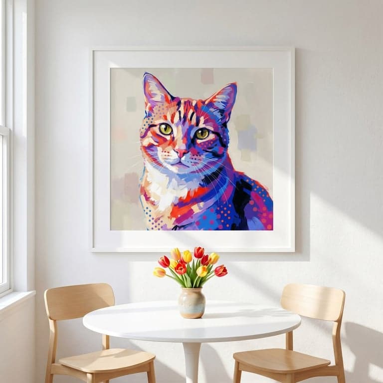 Pop-art portrait of a ginger tabby cat in bold saturated colour, soft-white frame in a bright breakfast nook.