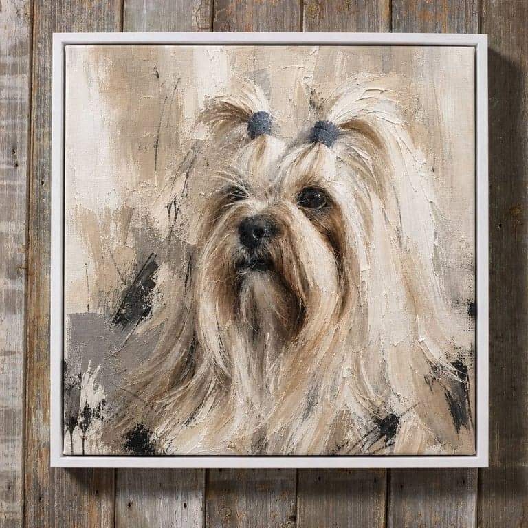 Heavy impasto portrait of a long-haired cream dog with two blue-grey bows, soft-white canvas float frame on a weathered wood plank wall.