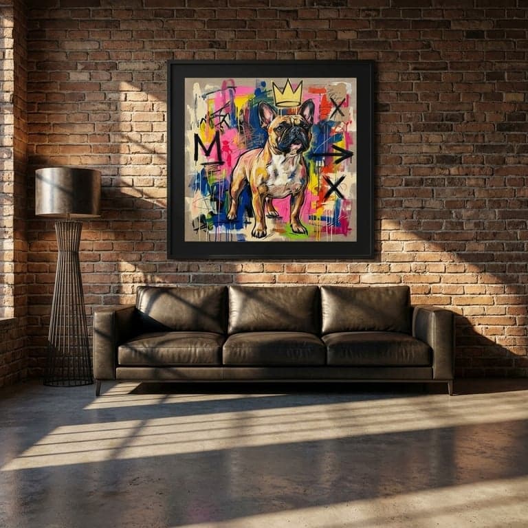 Neo-expressionist standing portrait of a French bulldog, matte black frame on a moody downtown loft wall with polished concrete floors and a low leather sofa.